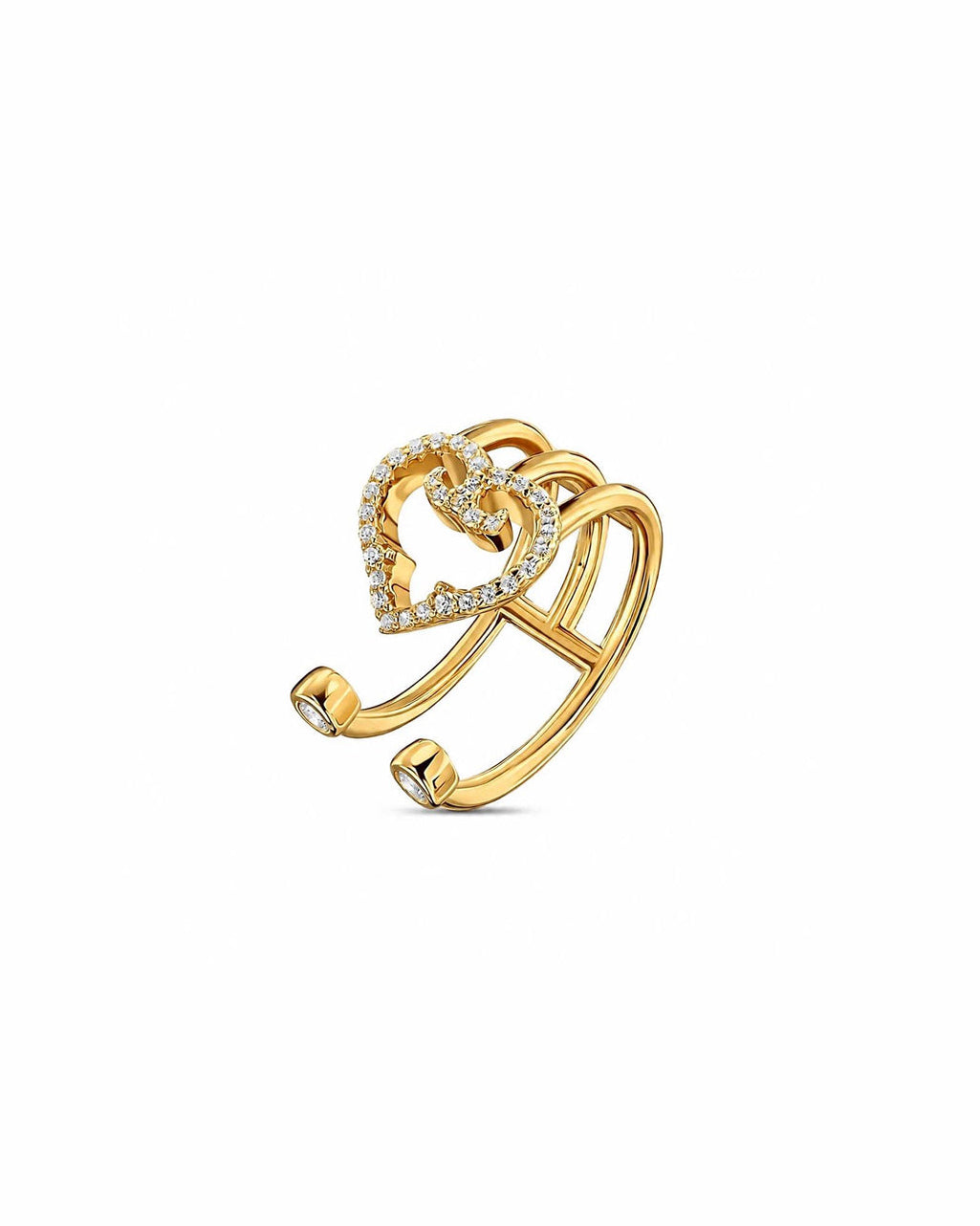 Open heart ring in yellow gold with sparkling cubic zirconia, adjustable design.
