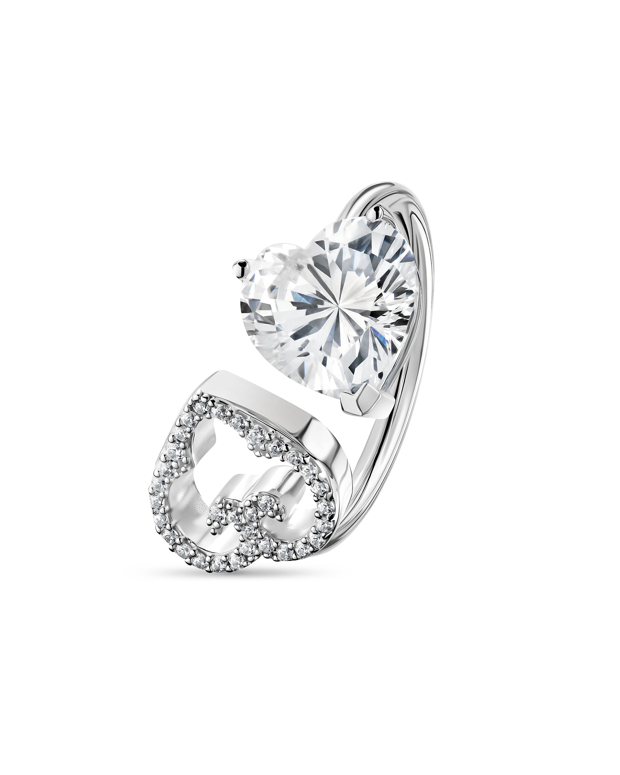 Heart-shaped earring with a clear gemstone on a white background