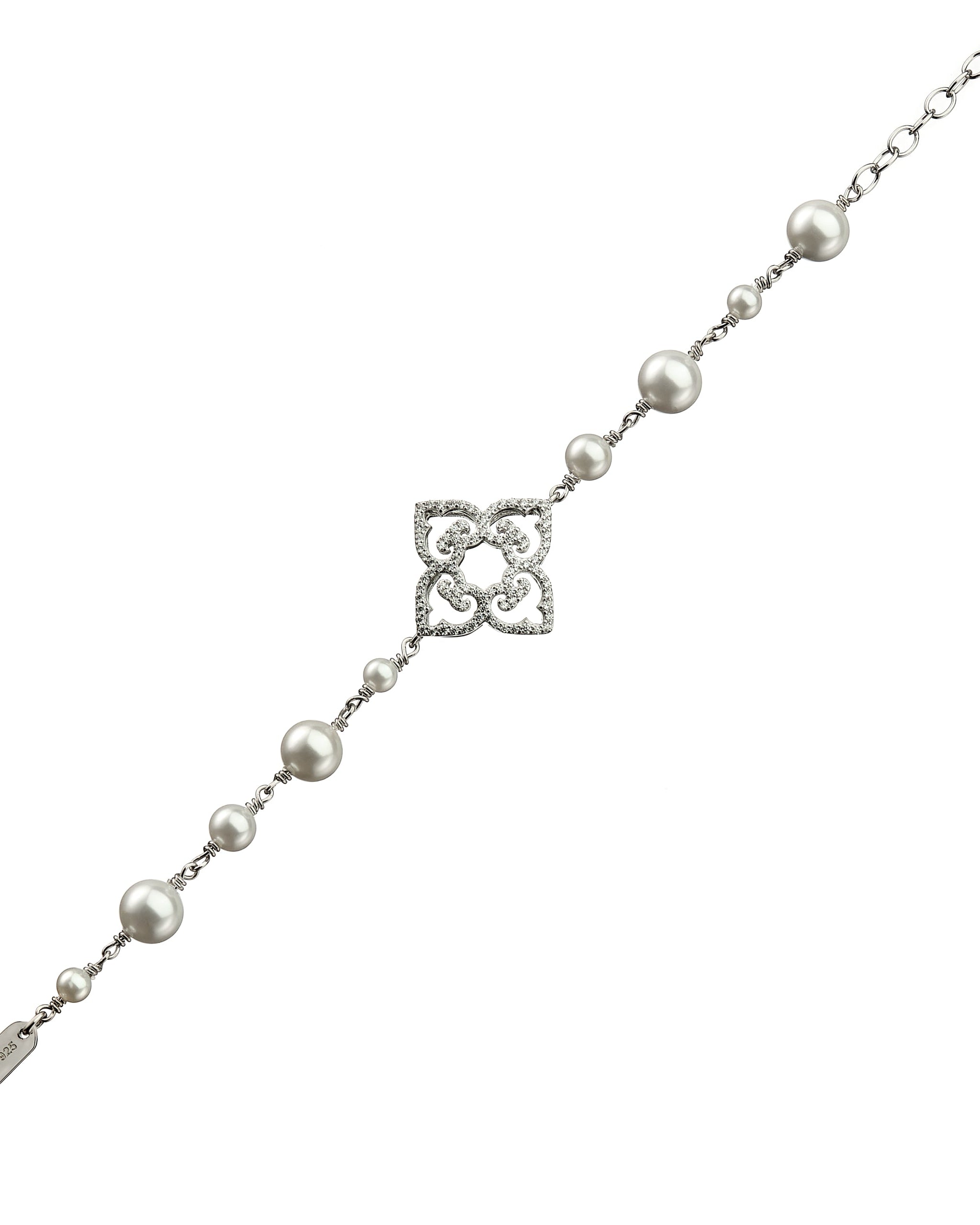 Rhodium plated bracelet with pearls and zirconia centerpiece