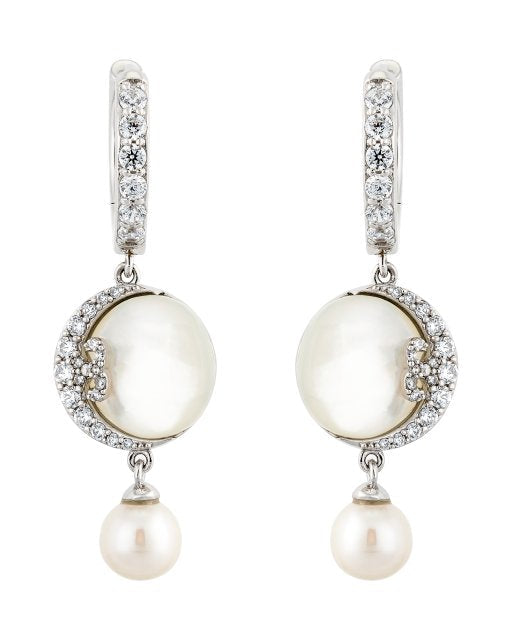 Pearl and diamond earrings on a white background