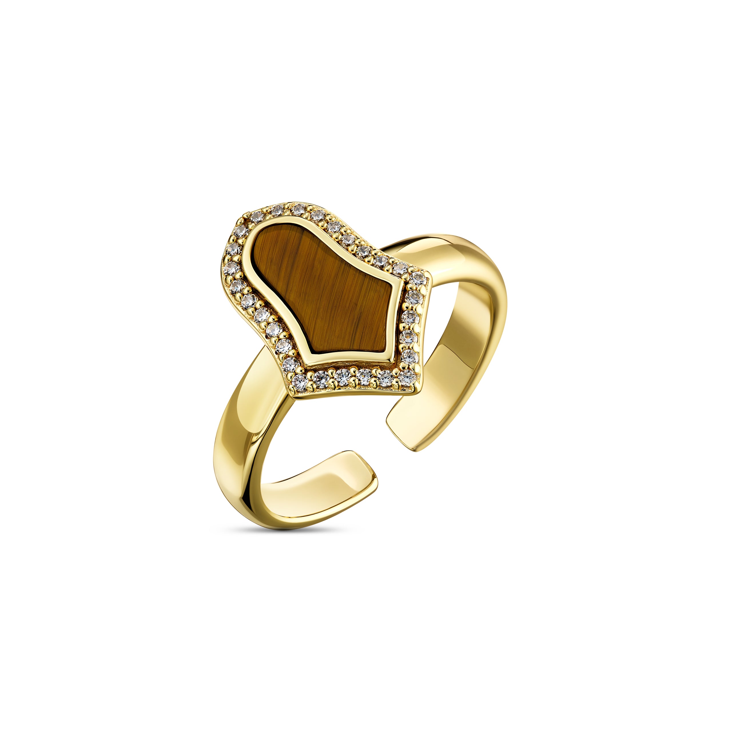 Gold ring with a heart-shaped brown stone and diamond accents on a white background