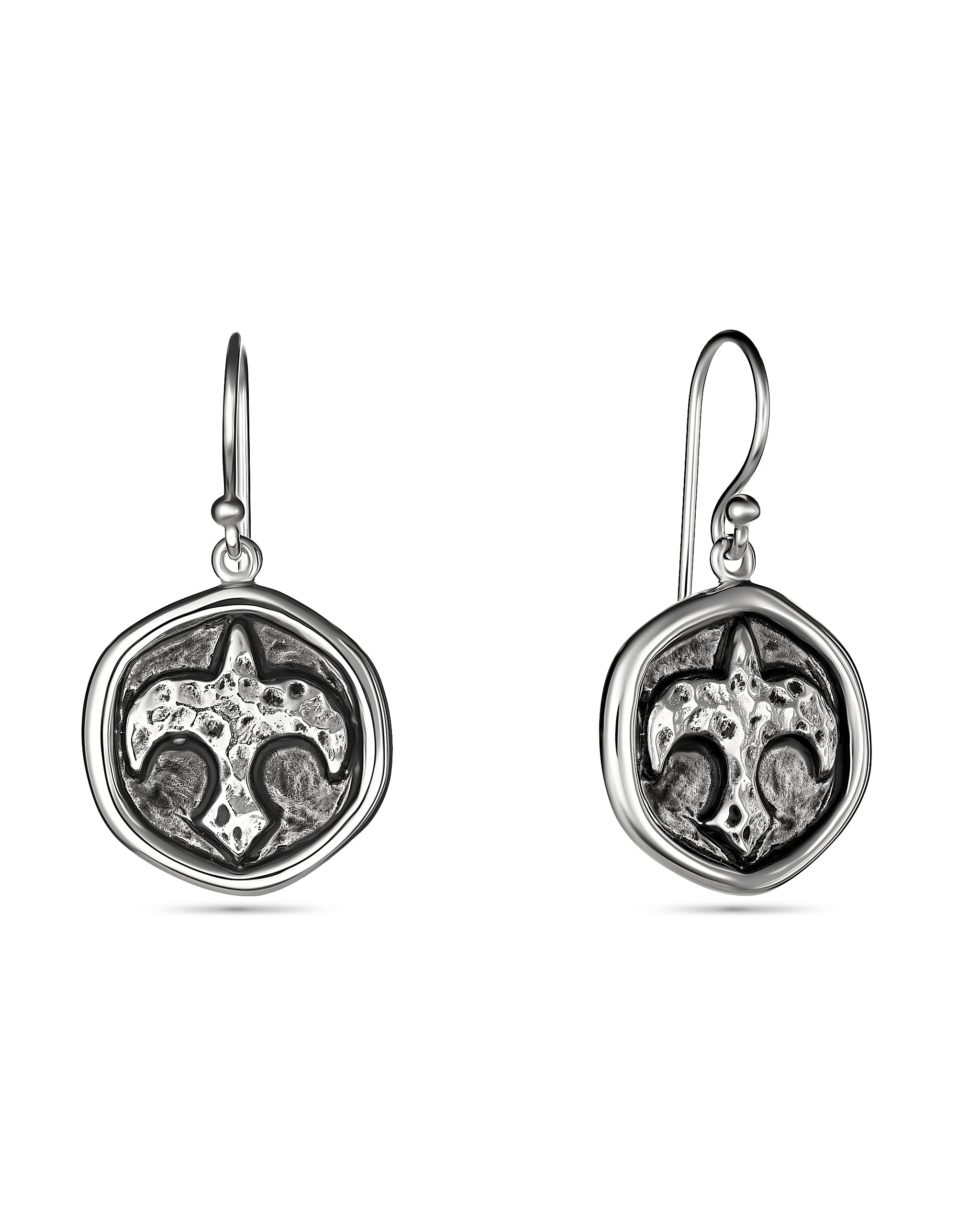 Pair of silver earrings with intricate designs on a white background